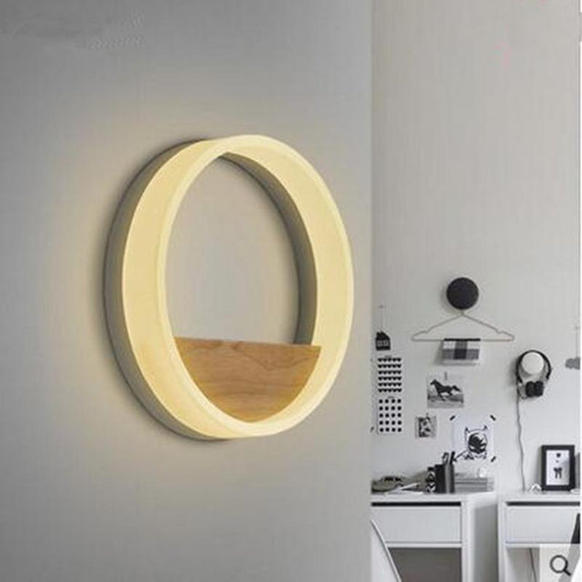 Modern Wall lamp with circular light and wooden shelf