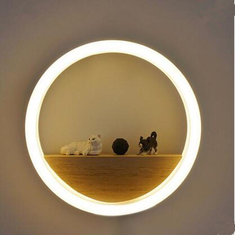Modern Wall lamp with circular light and wooden shelf