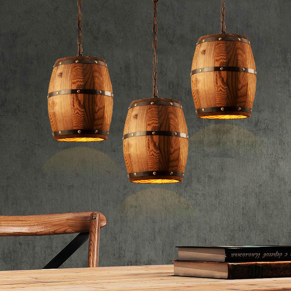 Country Wooden Barrel Pendant Lights Lamp Creative Loft E26 Lighting Fixture Art Decoration for Bar Living Room Cafe