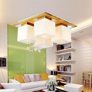 Oak and Glass LED Ceiling Lamp With 4 Lights