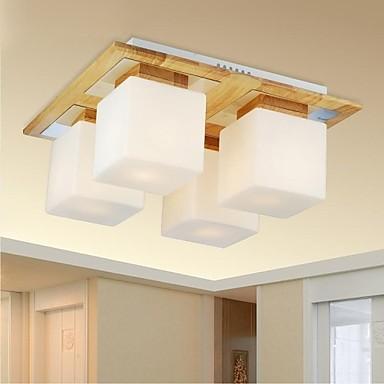 Oak and Glass LED Ceiling Lamp With 4 Lights
