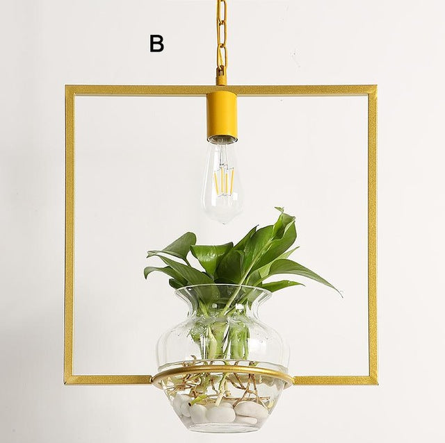 Metal and glass hanging light for living plants